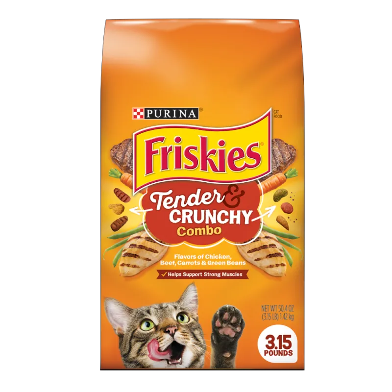 Alimento seco para gatos Friskies combinación tierna y crujiente con sabores de pollo, carne de res, zanahorias y frijoles verdes