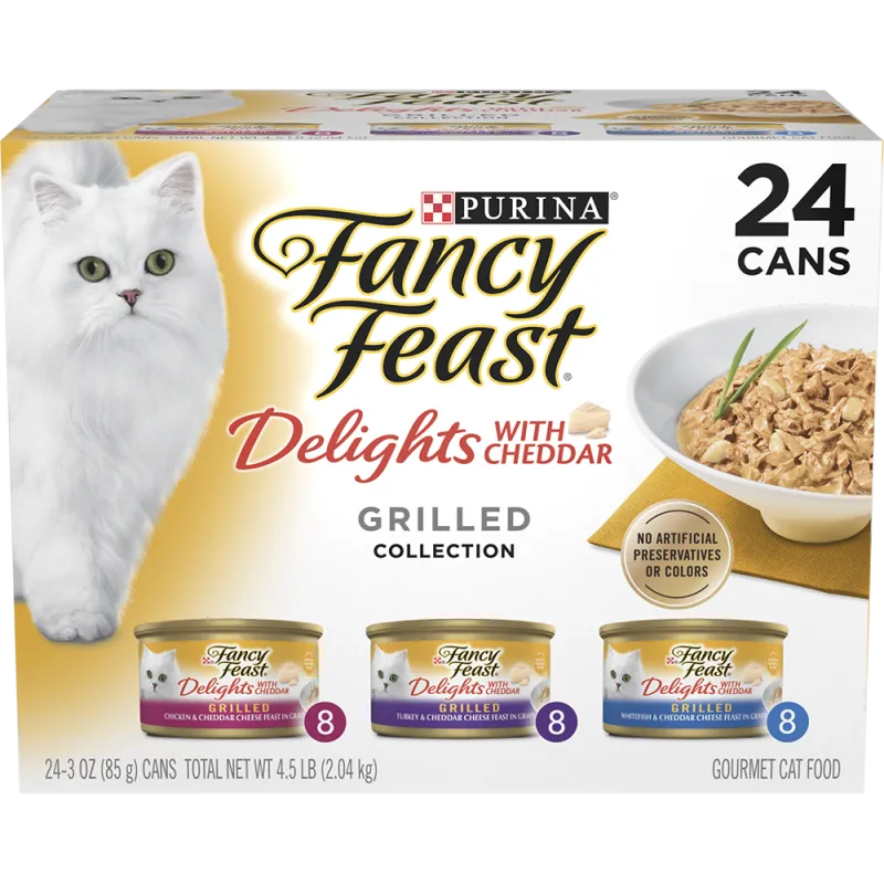 Paquete surtido de alimento húmedo para gatos Purina Fancy Feast Delicias con chédar sabor pollo, pavo o pescado blanco a la parrilla y festín de queso chédar en salsa preparada con jugo de cocción