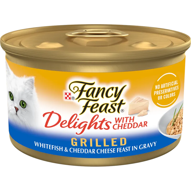 Alimento húmedo para gatos Purina Fancy Feast Delicias con chédar sabor pescado blanco a la parrilla y festín de queso chédar en salsa preparada con jugo de cocción