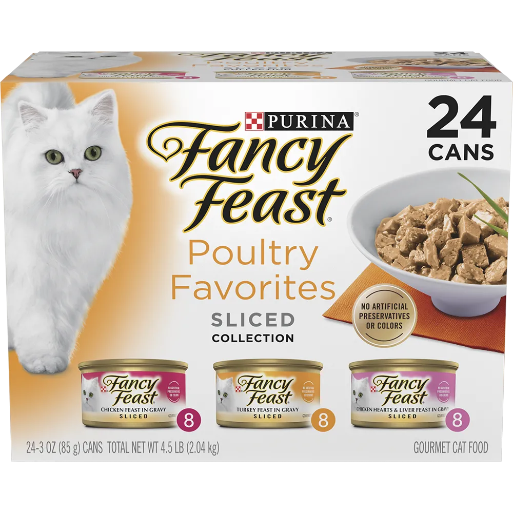 Paquete surtido de 24 unidades de alimento húmedo para gatos Purina Fancy Feast Favoritos de ave en trozos con salsa preparada con jugo de cocción