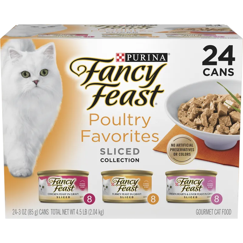 Paquete surtido de 24 unidades de alimento húmedo para gatos Purina Fancy Feast Favoritos de ave en trozos con salsa preparada con jugo de cocción