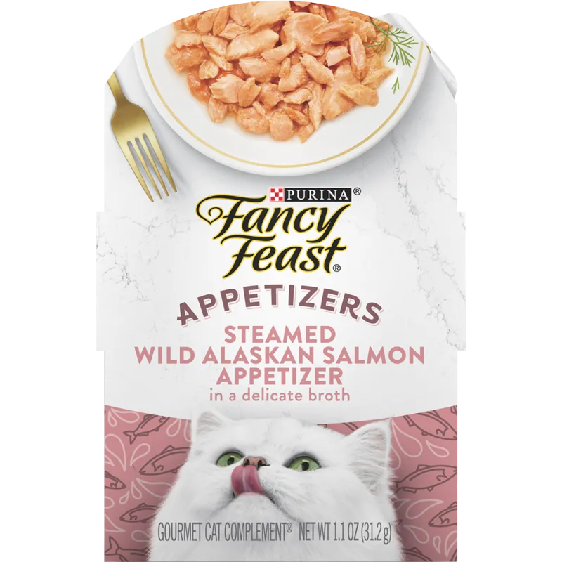 Purina Fancy Feast Appetizers Grain Free Wet Cat Food Complement Steamed Wild Alaskan Caught Salmon Appetizer Cat Food Topper