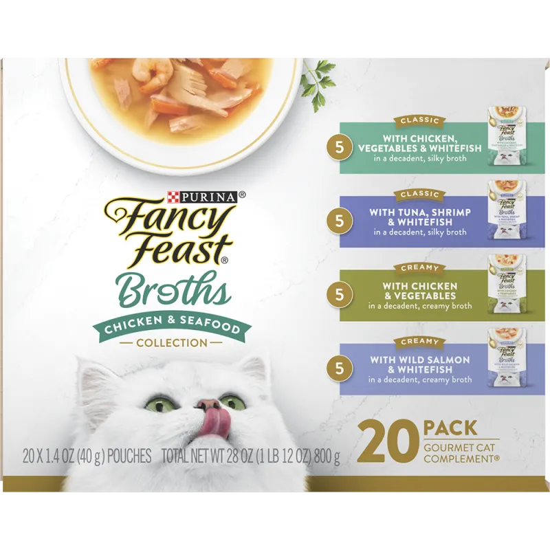 Paquete surtido de 20 unidades de alimento húmedo para gatos de la colección de caldos de mariscos Fancy Feast