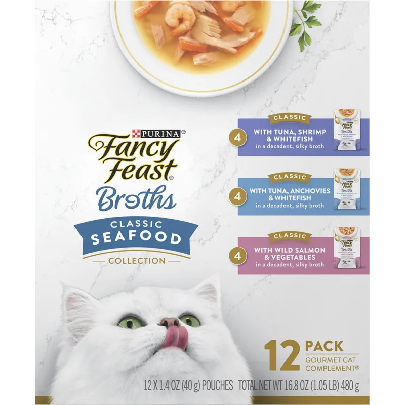 Paquete variado de 12 porciones de alimento húmedo para gatos Fancy Feast® Classic Seafood Broths