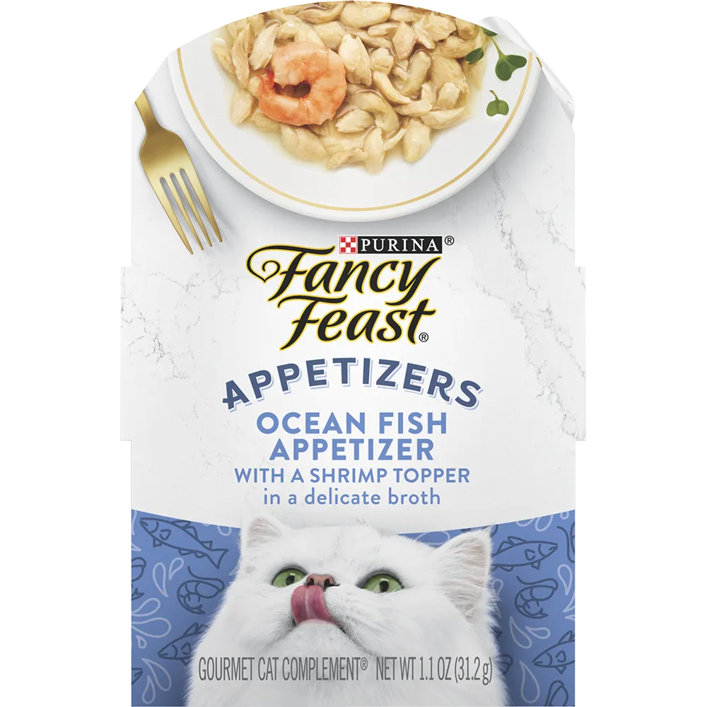 Purina Fancy Feast Appetizers Grain Free Wet Cat Food Complement Ocean Fish Appetizer with a Shrimp Cat Food Topper