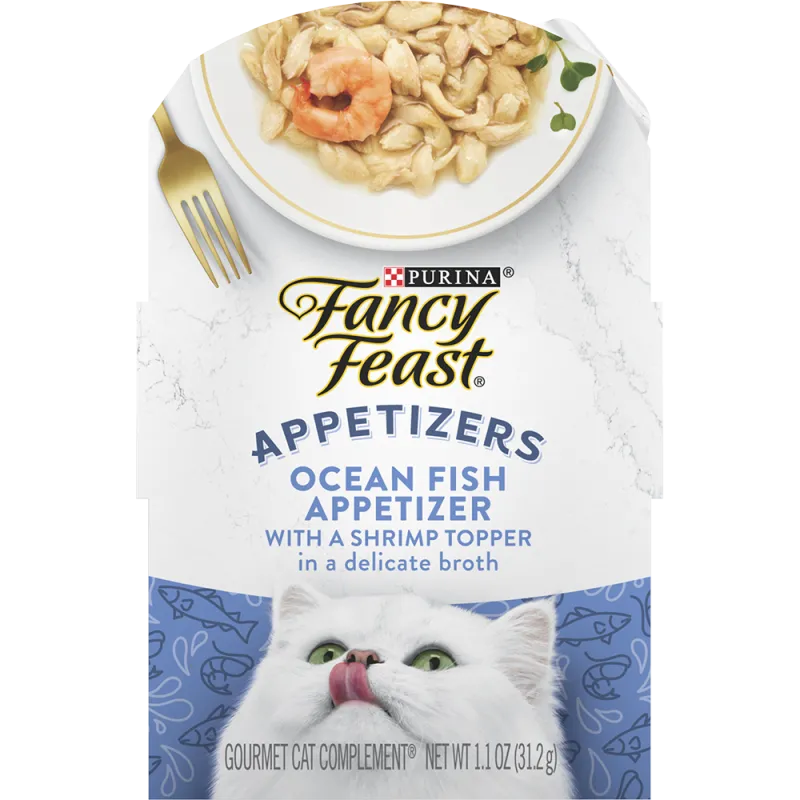 Purina Fancy Feast Appetizers Grain Free Wet Cat Food Complement Ocean Fish Appetizer with a Shrimp Cat Food Topper