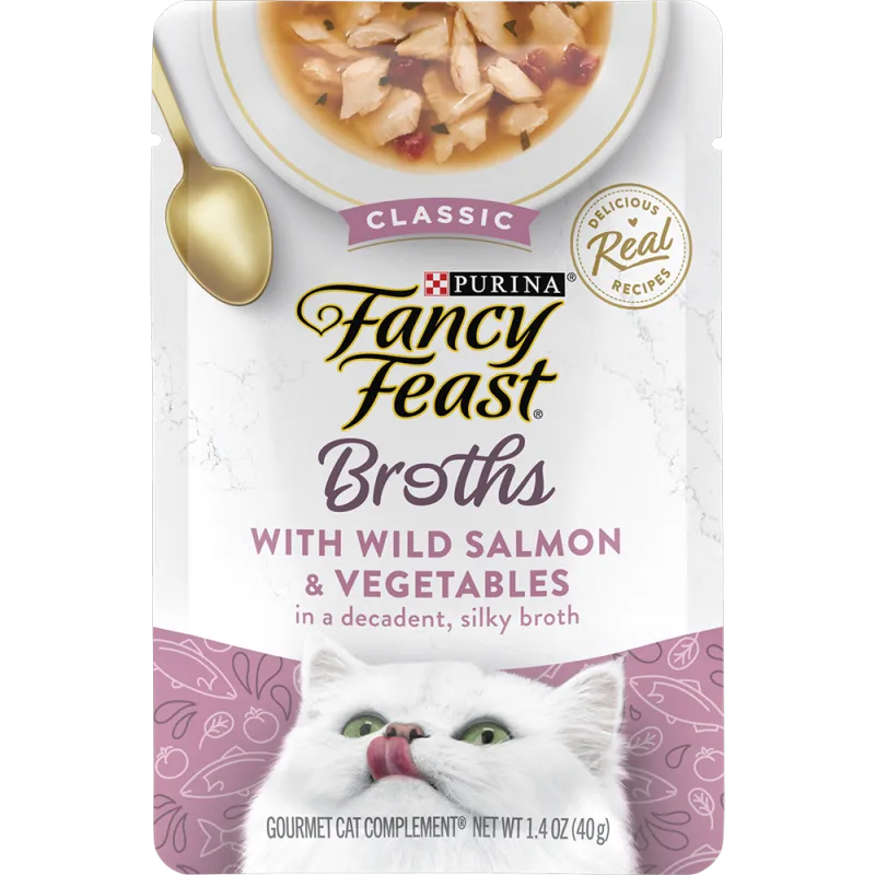 Complemento de alimento húmedo para gatos Fancy Feast® con salmón salvaje y verduras en un delicioso caldo nutritivo