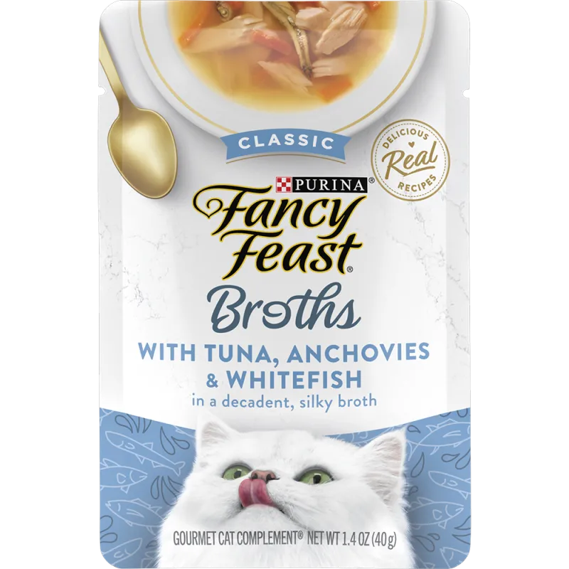 Complemento en caldo de alimento húmedo para gato Fancy Feast de Purina con atún, anchoas y pescado blanco