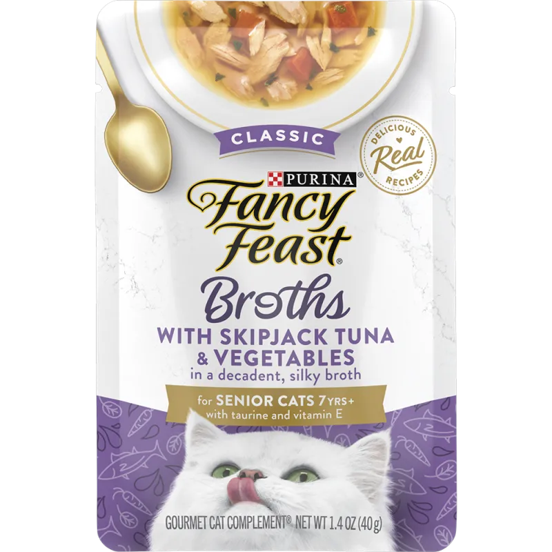 Complemento en caldo de alimento para gatos sénior Fancy Feast de Purina con atún natural y vegetales