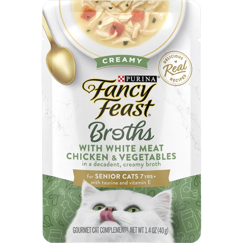 Caldos para gatos sénior Purina® Fancy Feast® con sabor a pollo y verduras en un caldo cremoso exquisito