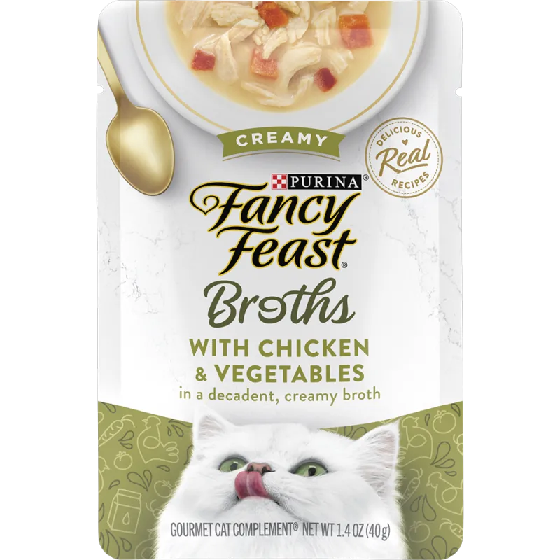 Complemento de alimento húmedo para gatos de pollo y vegetales en un delicioso caldo cremoso de Fancy Feast