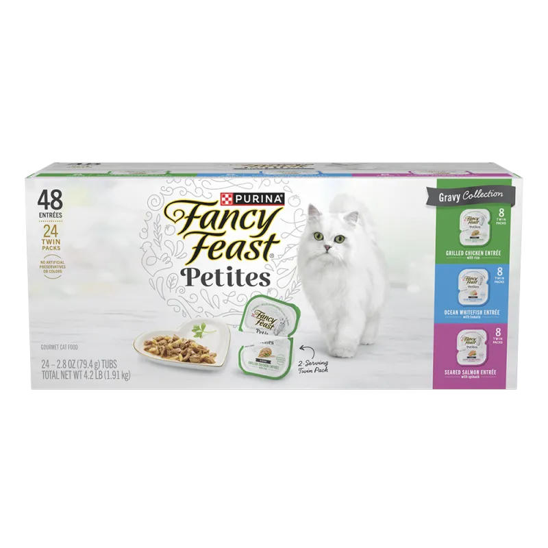 Paquete surtido de 24 unidades de alimento húmedo para gatos, colección en salsa preparada en jugo de cocción en porciones individuales Fancy Feast Petites