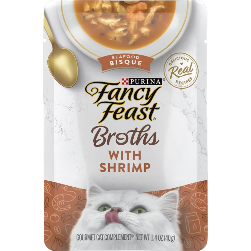 Complemento de alimento húmedo para gatos de sopa de mariscos con carne real de camarones de Fancy Feast® Broths®