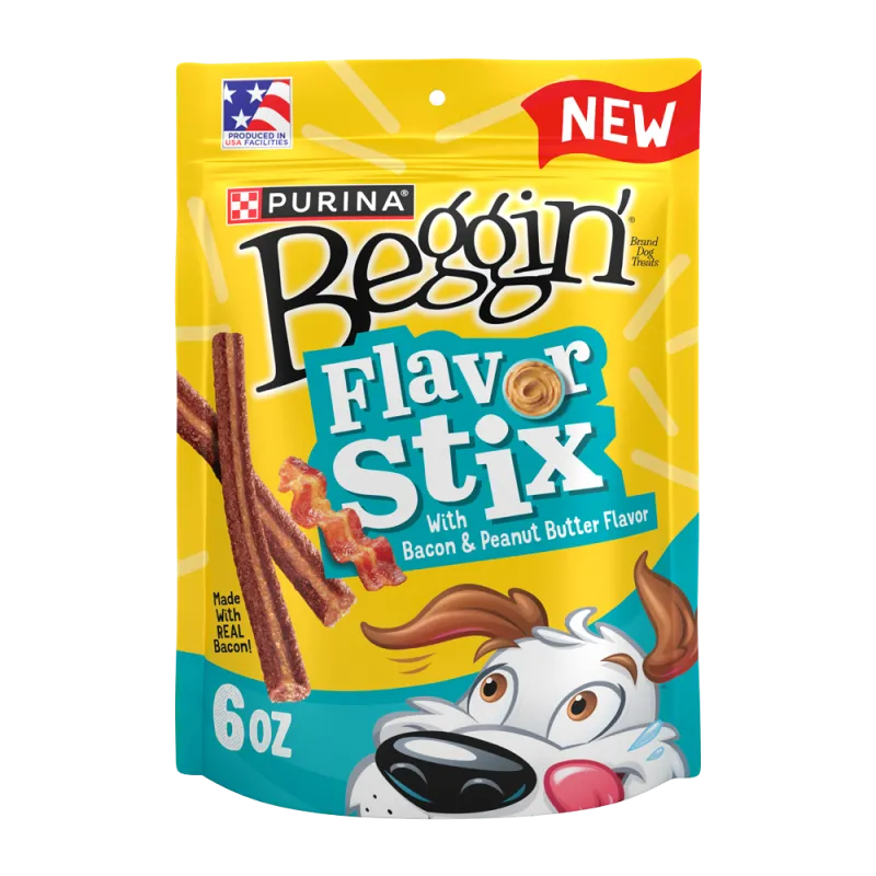 Bocadillos para perros Beggin’ Flavor Stix con sabor a tocino y mantequilla de maní