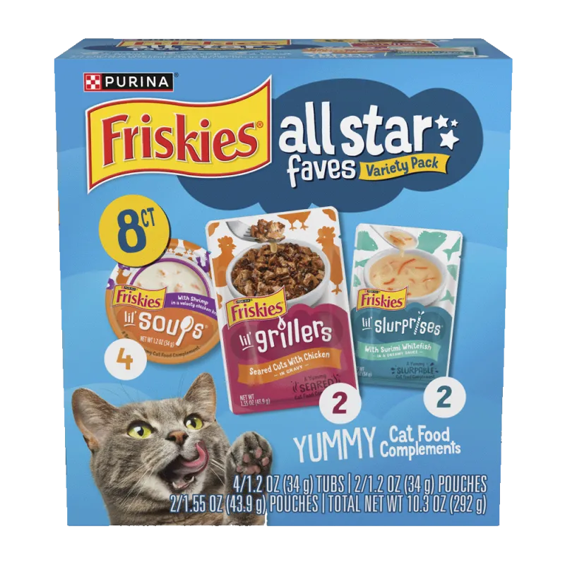 Paquete surtido de 8 unidades de complemento de alimento para gatos Friskies All-Star Faves