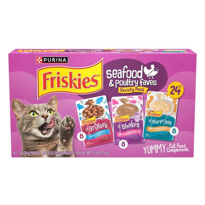 Paquete surtido de 24 unidades de complemento de alimento para gatos Friskies Seafood & Poultry Faves