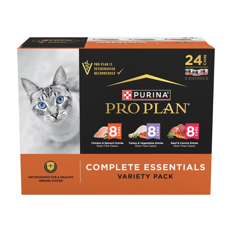 Alimento húmedo para gatos Pro Plan Complete Essentials Grain Free con pollo, pavo y carne de res paquete surtido de 24 unidades