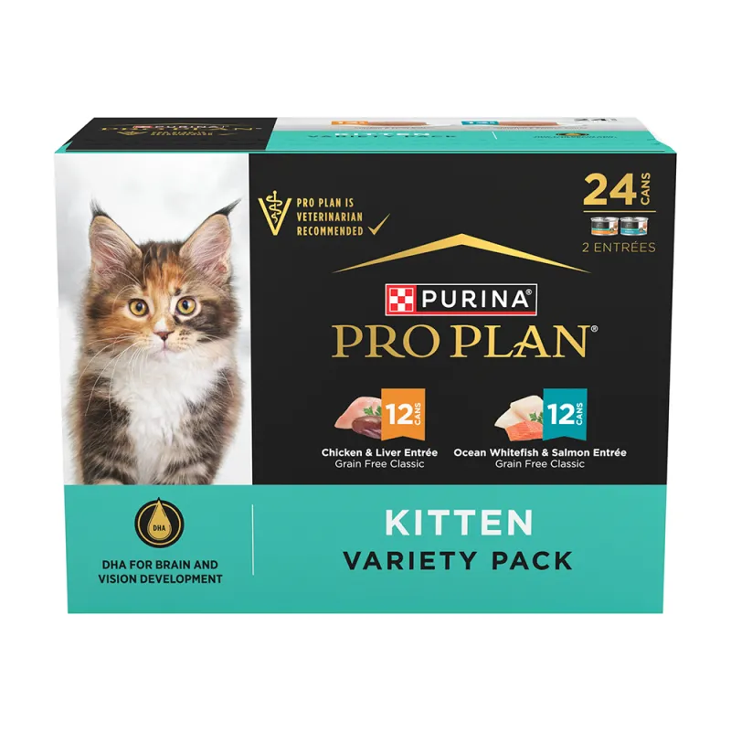 Alimento húmedo para gatitos Pro Plan Grain Free con pollo e hígado y pescado blanco marino y salmón paquete surtido de 24 unidades