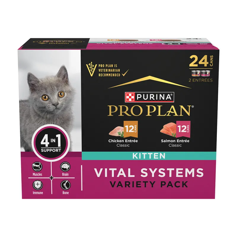 Alimento húmedo para gatitos Purina Pro Plan Vital Systems con pollo y salmón paquete surtido de 24 unidades