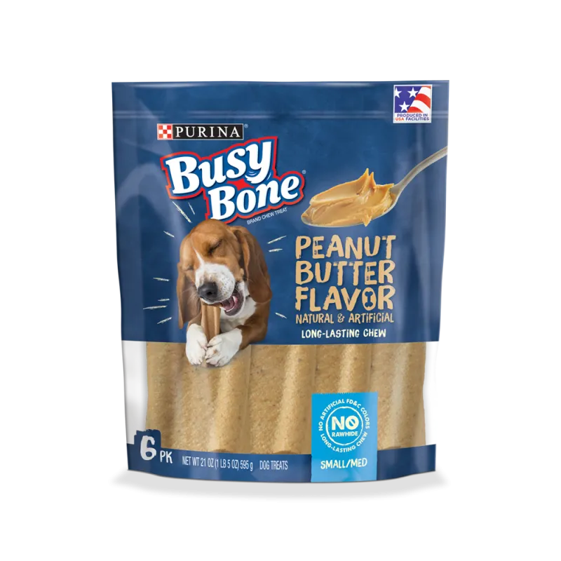 Bocadillos masticables Busy Bone con sabor a mantequilla de maní para perros pequeños a medianos