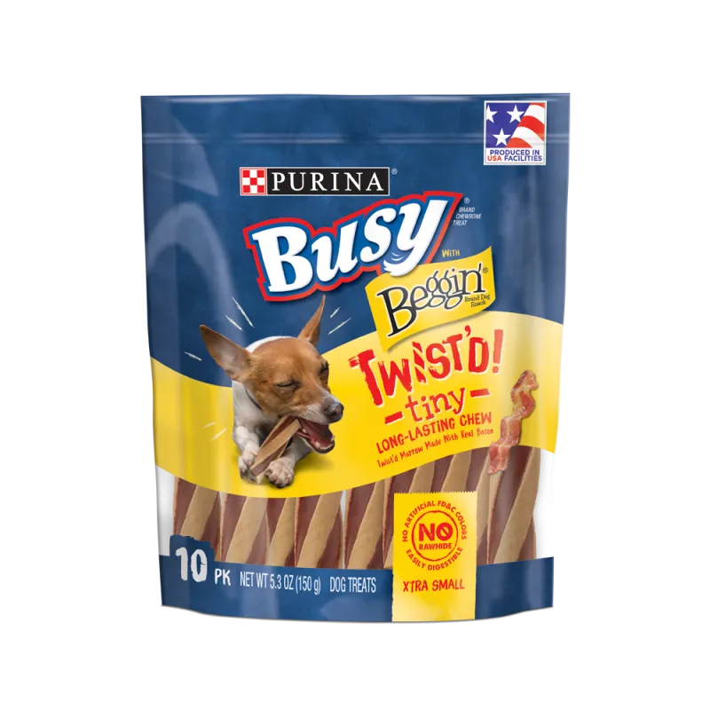 Pequeños bocadillos masticables Busy y Beggin’® Twist’d para perros extra pequeños