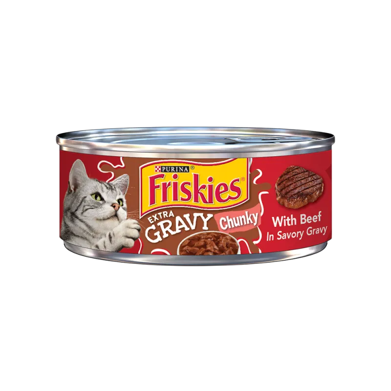 Alimento húmedo para gatos Friskies trozos de carne de res en salsa extra preparada con jugo de cocción