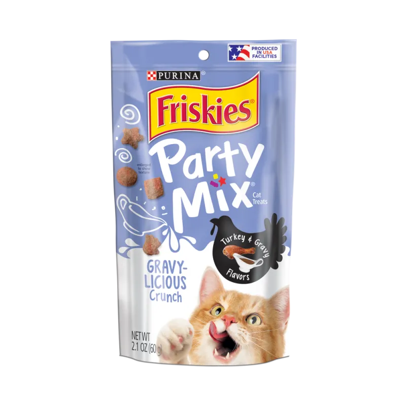 Bocadillos crocantes para gatos adultos Friskies Party Mix Gravy-licious de pavo en salsa preparada con jugo de cocción