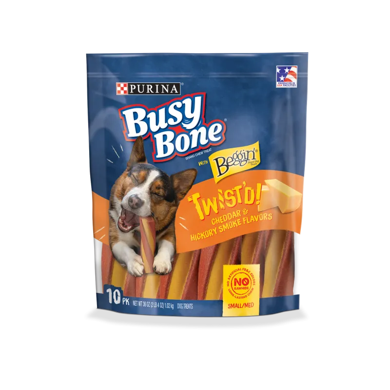 ¡Busy Bone y Beggin’® Twist’d! Bocadillos masticables con sabor a cheddar y nogal ahumado para perros pequeños a medianos