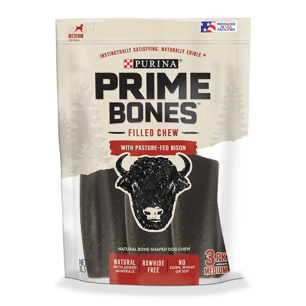 Prime Bones Rawhide-Free Medium Dog Filled Chew With Pasture-Fed Bison