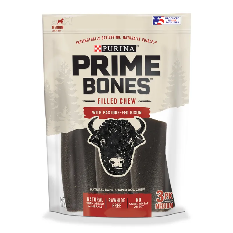 <i>Snacks</i> masticables rellenos de bisonte alimentado con pasto sin cuero crudo para perros medianos Prime Bones