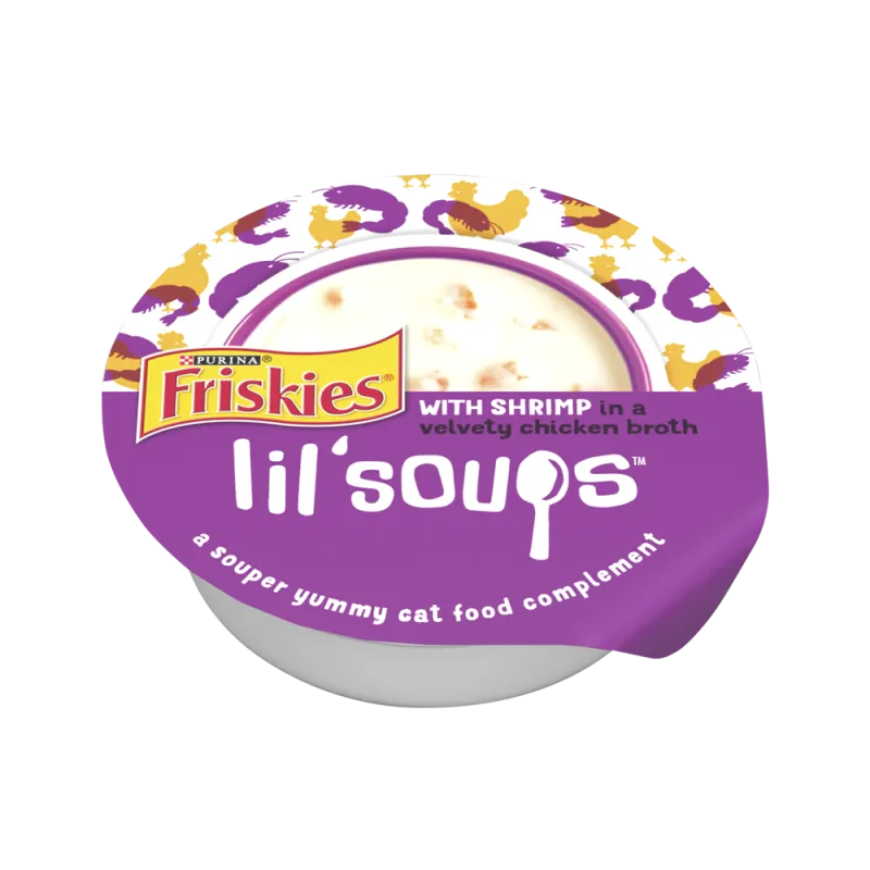 Friskies Lil' Soups con camarones en un complemento de alimento para gatos de caldo de pollo suave