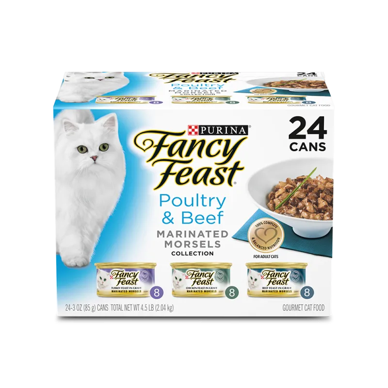 Paquete surtido de 24 latas de alimento húmedo <i>gourmet</i> para gatos Bocados marinados de Fancy Feast® de carne de aves y res