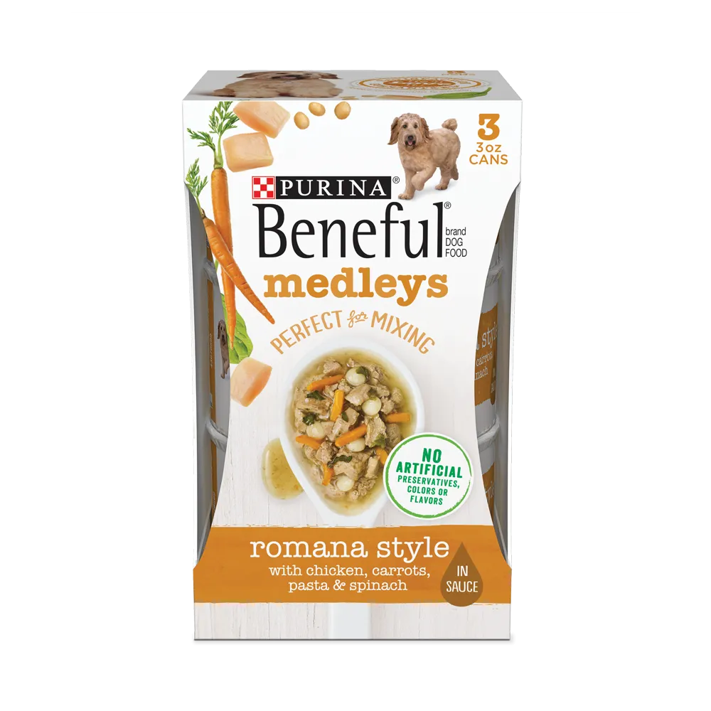 Beneful Medleys Romana Style Wet Dog Food with Real Chicken, Carrots, Pasta & Spinach