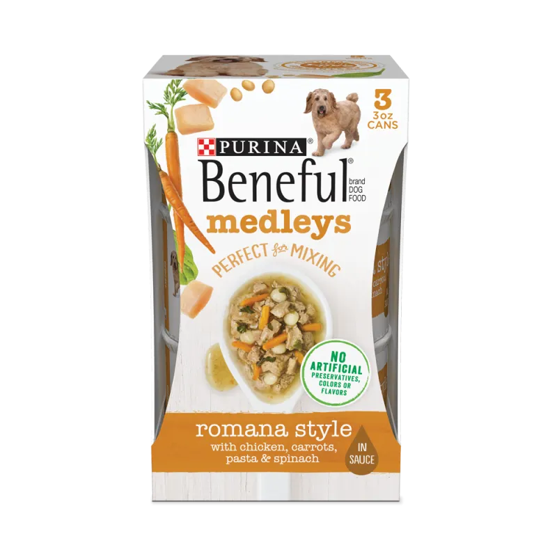 Alimento balanceado húmedo estilo romano Beneful Medleys con carne real de pollo, zanahorias, pasta y espinaca