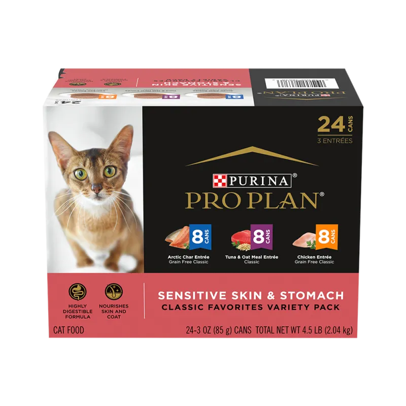 Pro Plan Sensitive Skin & Stomach Tuna & Oat Meal Entrée, Arctic Char Entrée, Chicken Entrée Classic Variety Pack Wet Cat Food