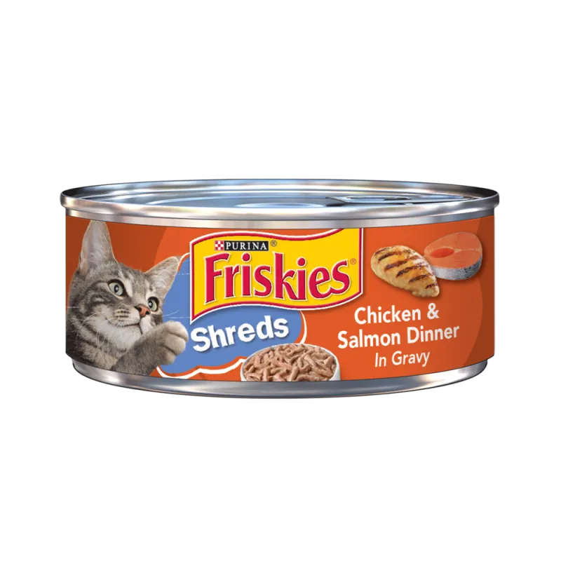 Alimento húmedo para gatos en tiras Friskies sabor a cena de pollo y salmón en salsa preparada con jugo de cocción