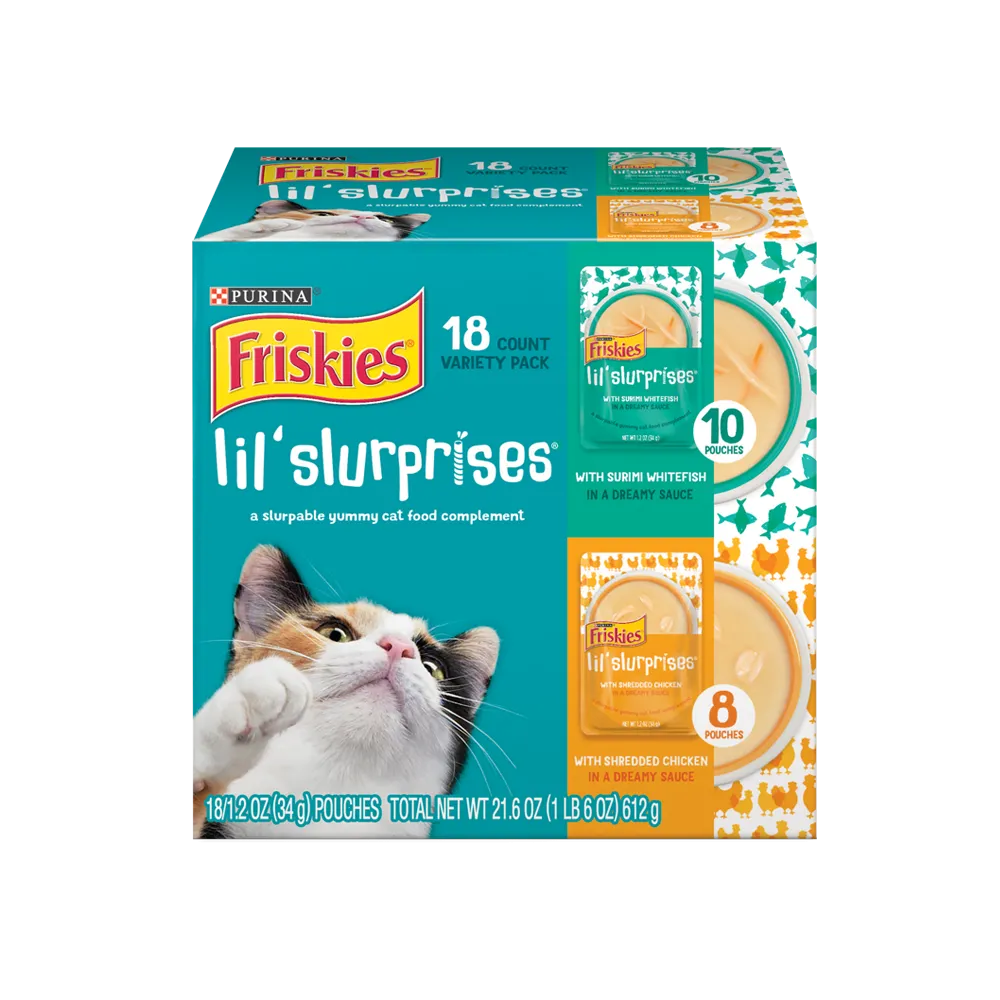 Complemento de alimento para gatos Friskies Lil' Slurprises en paquete variado de 18 unidades