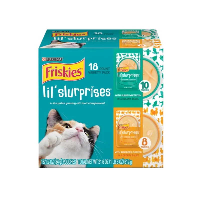 Complemento de alimento para gatos Friskies Lil' Slurprises en paquete variado de 18 unidades