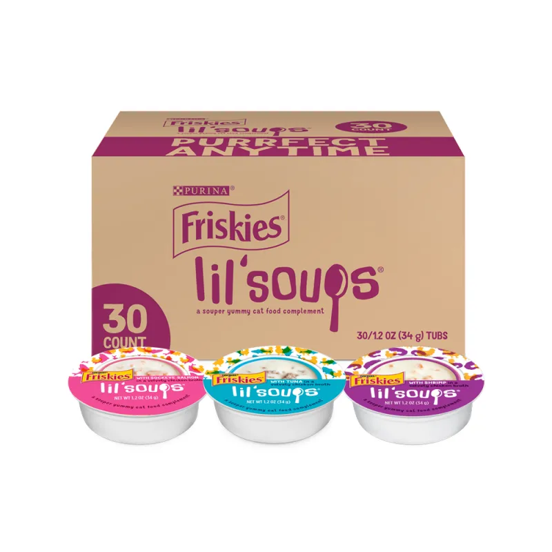 Complemento de alimento para gatos Friskies Lil’ Soups en paquete variado de 30 unidades