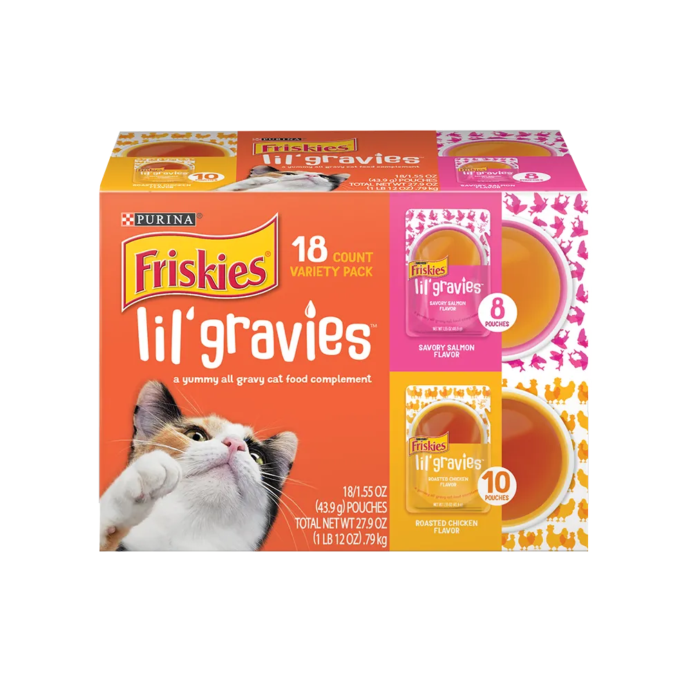 Complemento de alimento para gatos Friskies Lil' Gravies en paquete variado de 18 unidades 