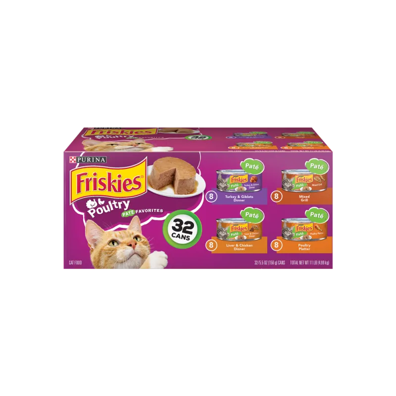 Paquete variado de 32 unidades de alimento húmedo para gatos Friskies favoritos de paté de ave