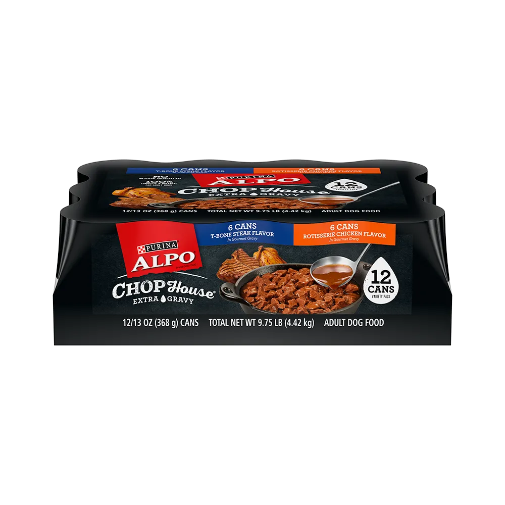 Purina ALPO® Chop House® 12-Count Variety Pack With T-Bone Steak Flavor in Gravy and Rotisserie Chicken Flavor in Gravy Wet Dog Food