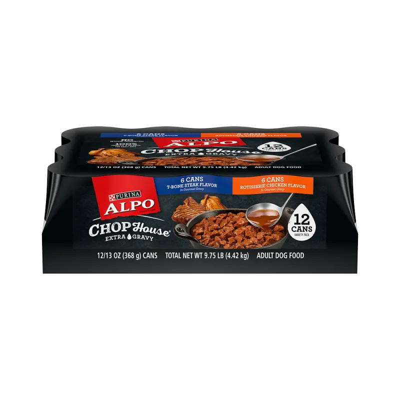 Purina ALPO® Chop House® 12-Count Variety Pack With T-Bone Steak Flavor in Gravy and Rotisserie Chicken Flavor in Gravy Wet Dog Food