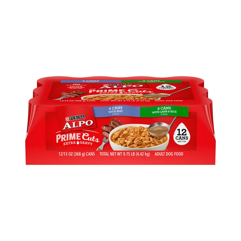 Paquete surtido de 12 unidades de alimento húmedo para perros Purina ALPO® Prime Cuts® con sabor a carne de res en salsa y sabor a cordero y arroz en salsa