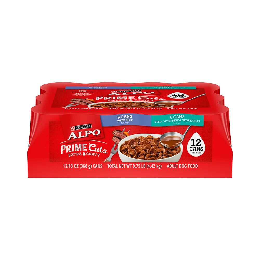 Purina ALPO® 12-Count Beef Lovers Variety Pack With Prime Cuts® With Beef in Gravy and Prime Cuts® Stew With Beef & Vegetables in Gravy Wet Dog Food
