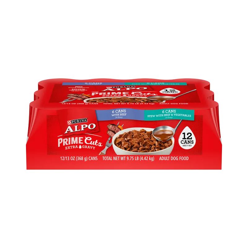 Paquete surtido de 12 unidades de alimento húmedo para perros Purina ALPO® Prime Cuts® para los amantes de la carne: Prime Cuts® con sabor a carne de res en salsa y con sabor a estofado con carne de res y vegetales en salsa