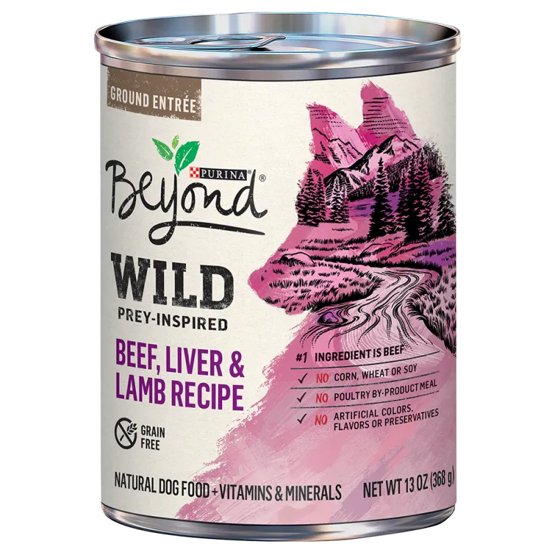 Alimento húmedo para perros Beyond WILD alto en proteínas y natural, receta de carne de res, hígado y cordero con vitaminas y minerales