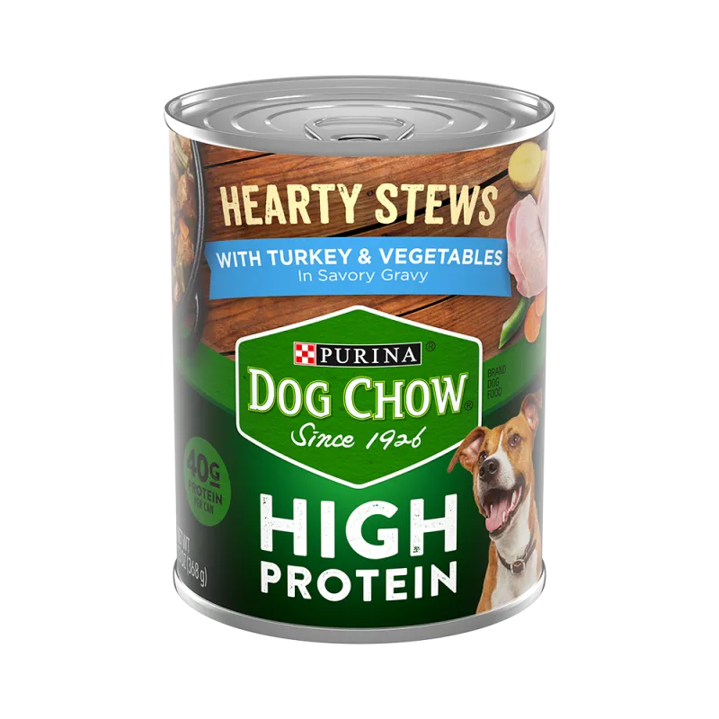 Estofado sustancioso y rico en proteínas con pavo y vegetales en una sabrosa salsa preparada con jugo de cocción Purina Dog Chow