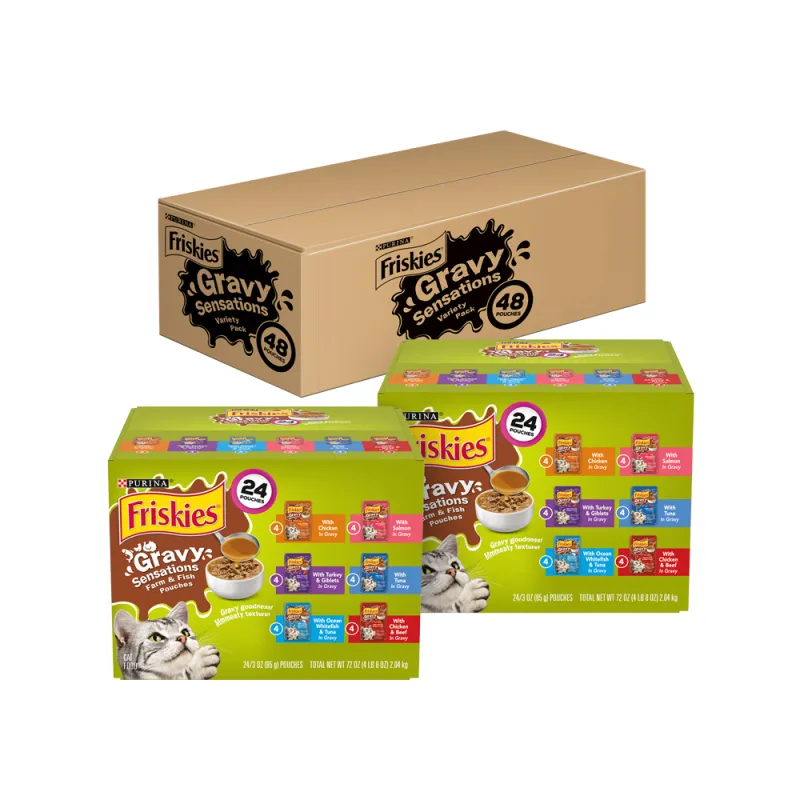 Paquete variado de 48 unidades de alimento húmedo para gatos Friskies Gravy Sensations sabor a animales de granja y pescados