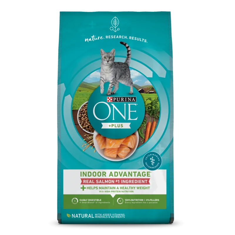 Alimento seco para gatos con carne real de salmón como ingrediente principal Purina ONE® +Plus Indoor Advantage®